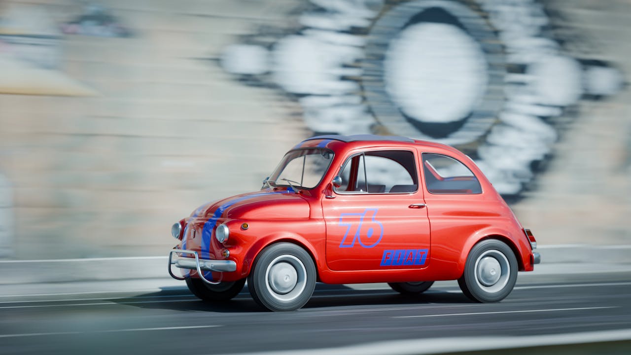services-06 A classic red Fiat racing past an urban mural backdrop in İstanbul.